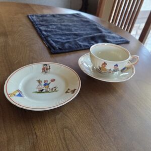 Antique Bavarian Storybook Theme Childs Cup/Saucer & Plate